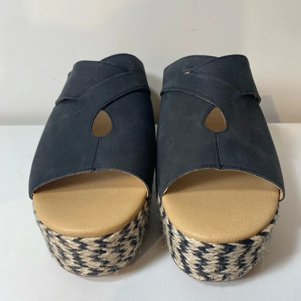 Lucky Brand Black Wedge Heel Platform Leather Sandals Size 9.5 vacation